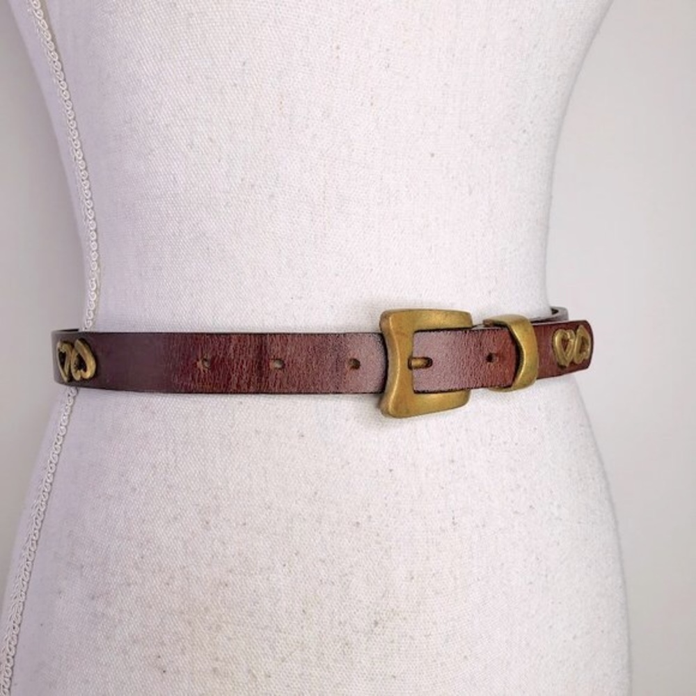 Geoffrey Beene Brown Leather Gold Tone Hearts Buckle Belt S